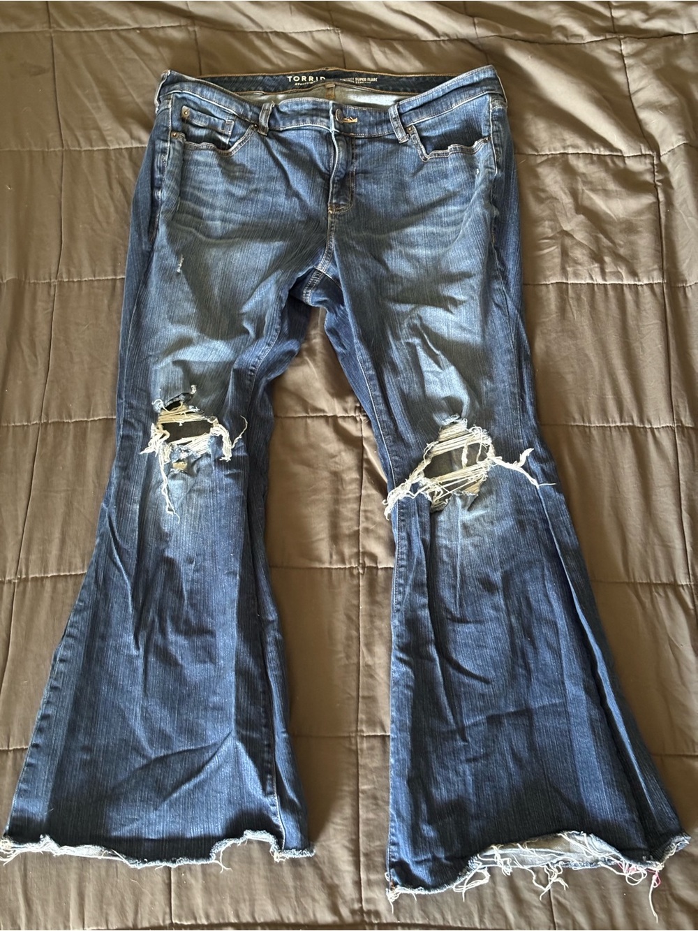 torrid Dark Blue Distressed Flare Jeans with Knee Rips